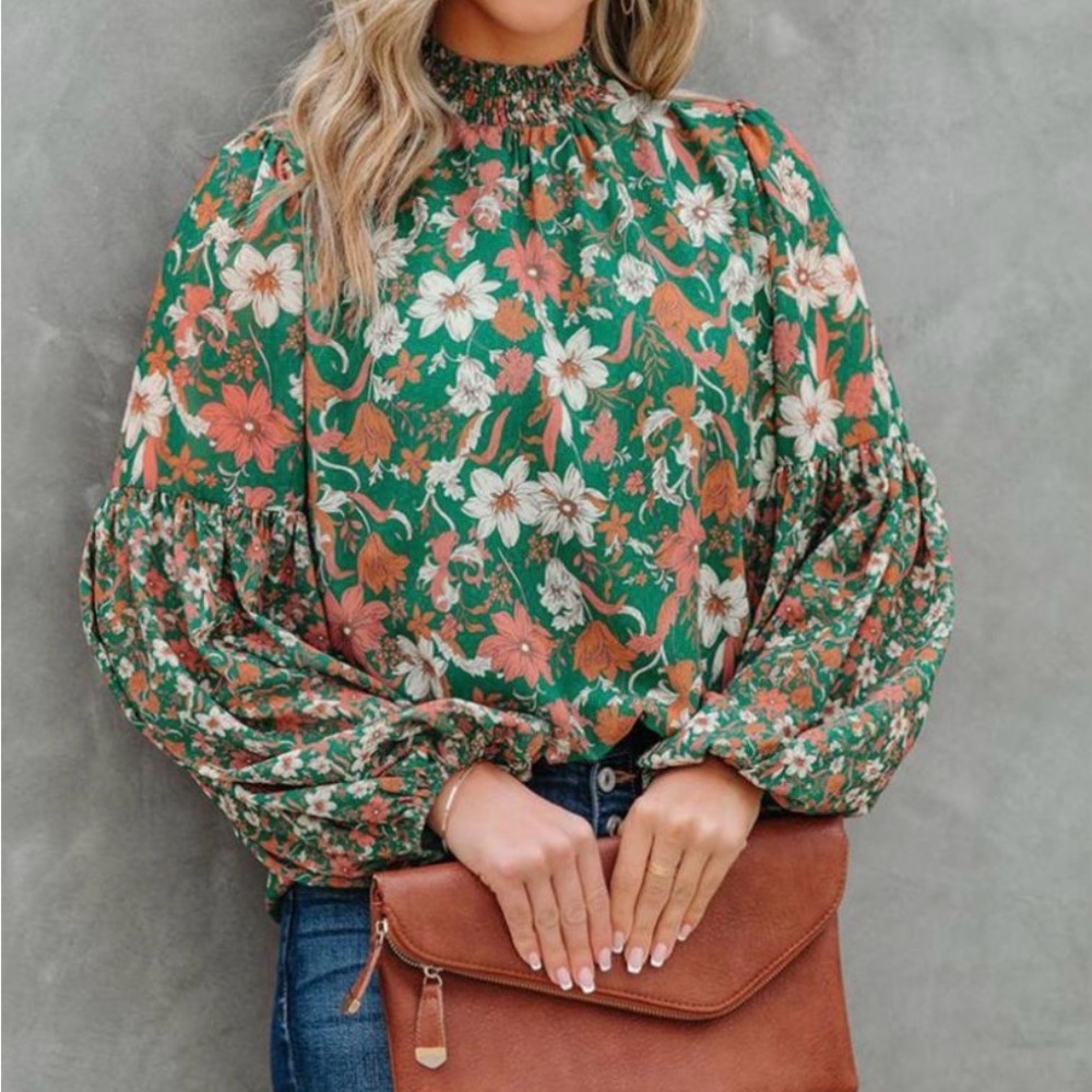 Temu Floral Print Lantern Sleeve Blouse, Mock Neck Green and Orange, Size L